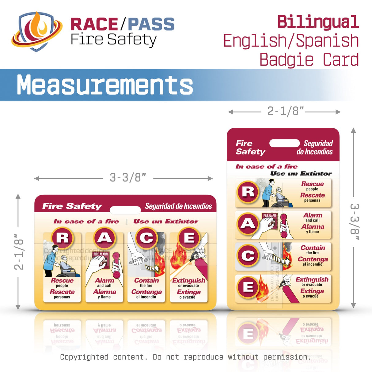 Bilingual English Spanish RACE PASS Fire Safety Badgie Card, fire safety badge card, fire response badge reference, PASS fire extinguisher acronym card, RACE acronym safety card, healthcare fire safety tool, employee fire safety reminder, fire safety ID badge insert, hospital fire safety badge card, emergency preparedness badge card, workplace fire safety training tool, fire extinguisher training card, laminated fire safety card, custom fire safety badge card, staff fire response reference tool