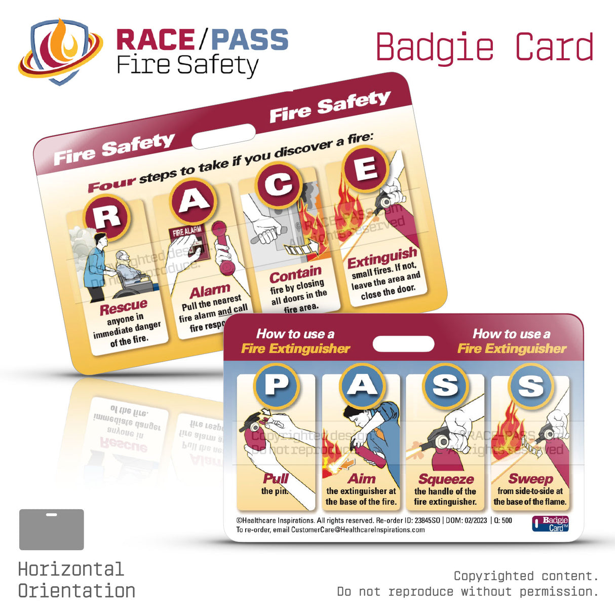 Horizontal RACE/PASS Fire Safety Badgie Card gives your staff an instant reference of what to do in case of a fire.