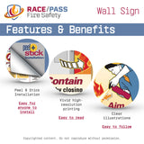 RACE/PASS Fire Safety Wall Sign features and benefits. Peel & stick installation = easy for anyone to install.  Vivid high-resolution printing = easy to read.  Clear illustrations = easy to follow.
