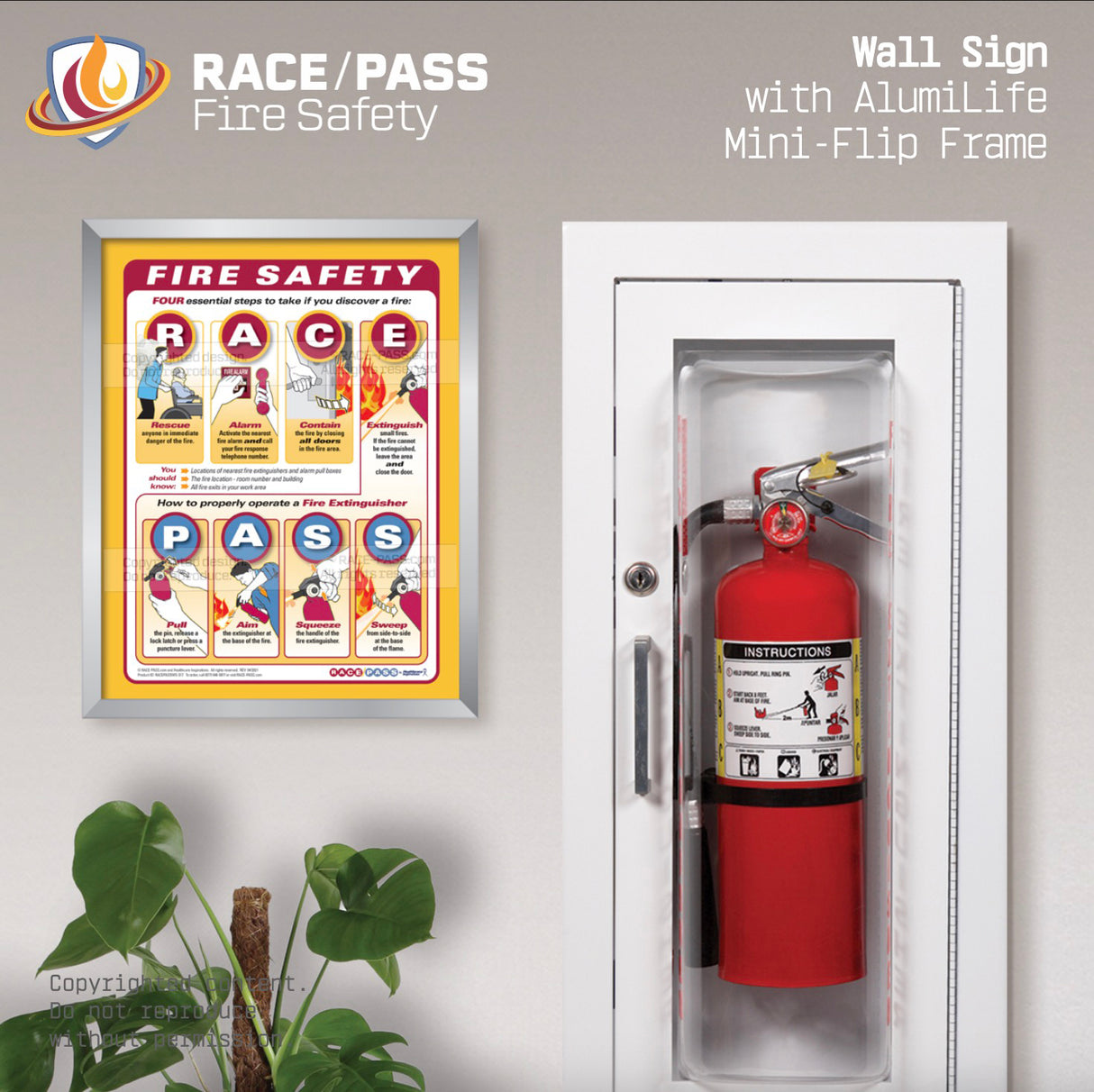 Give staff visual guidance on what to do during a fire. Post our RACE/PASS Fire Safety Sign with AlumiLife™ Mini-Flip near pull boxes and fire extinguishers as a frequent reminder of what to do when there is a fire.