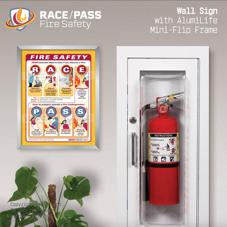 Give staff visual guidance on what to do during a fire. Post our RACE/PASS Fire Safety Sign with AlumiLife™ Mini-Flip near pull boxes and fire extinguishers as a frequent reminder of what to do when there is a fire.