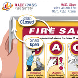 Give staff visual guidance on what to do during a fire. Post our RACE/PASS Fire Safety Sign with AlumiLife™ Mini-Flip near pull boxes and fire extinguishers as a frequent reminder of what to do when there is a fire.