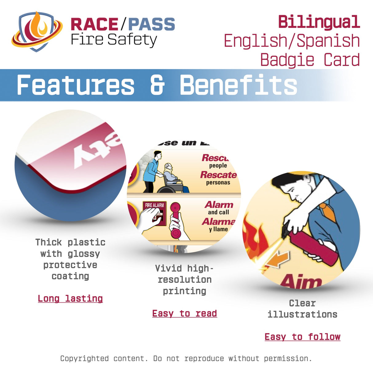 Bilingual English Spanish RACE PASS Fire Safety Badgie Card, fire safety badge card, fire response badge reference, PASS fire extinguisher acronym card, RACE acronym safety card, healthcare fire safety tool, employee fire safety reminder, fire safety ID badge insert, hospital fire safety badge card, emergency preparedness badge card, workplace fire safety training tool, fire extinguisher training card, laminated fire safety card, custom fire safety badge card, staff fire response reference tool