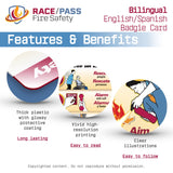Bilingual English Spanish RACE PASS Fire Safety Badgie Card, fire safety badge card, fire response badge reference, PASS fire extinguisher acronym card, RACE acronym safety card, healthcare fire safety tool, employee fire safety reminder, fire safety ID badge insert, hospital fire safety badge card, emergency preparedness badge card, workplace fire safety training tool, fire extinguisher training card, laminated fire safety card, custom fire safety badge card, staff fire response reference tool