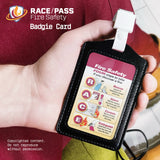 Bilingual English Spanish RACE PASS Fire Safety Badgie Card, fire safety badge card, fire response badge reference, PASS fire extinguisher acronym card, RACE acronym safety card, healthcare fire safety tool, employee fire safety reminder, fire safety ID badge insert, hospital fire safety badge card, emergency preparedness badge card, workplace fire safety training tool, fire extinguisher training card, laminated fire safety card, custom fire safety badge card, staff fire response reference tool