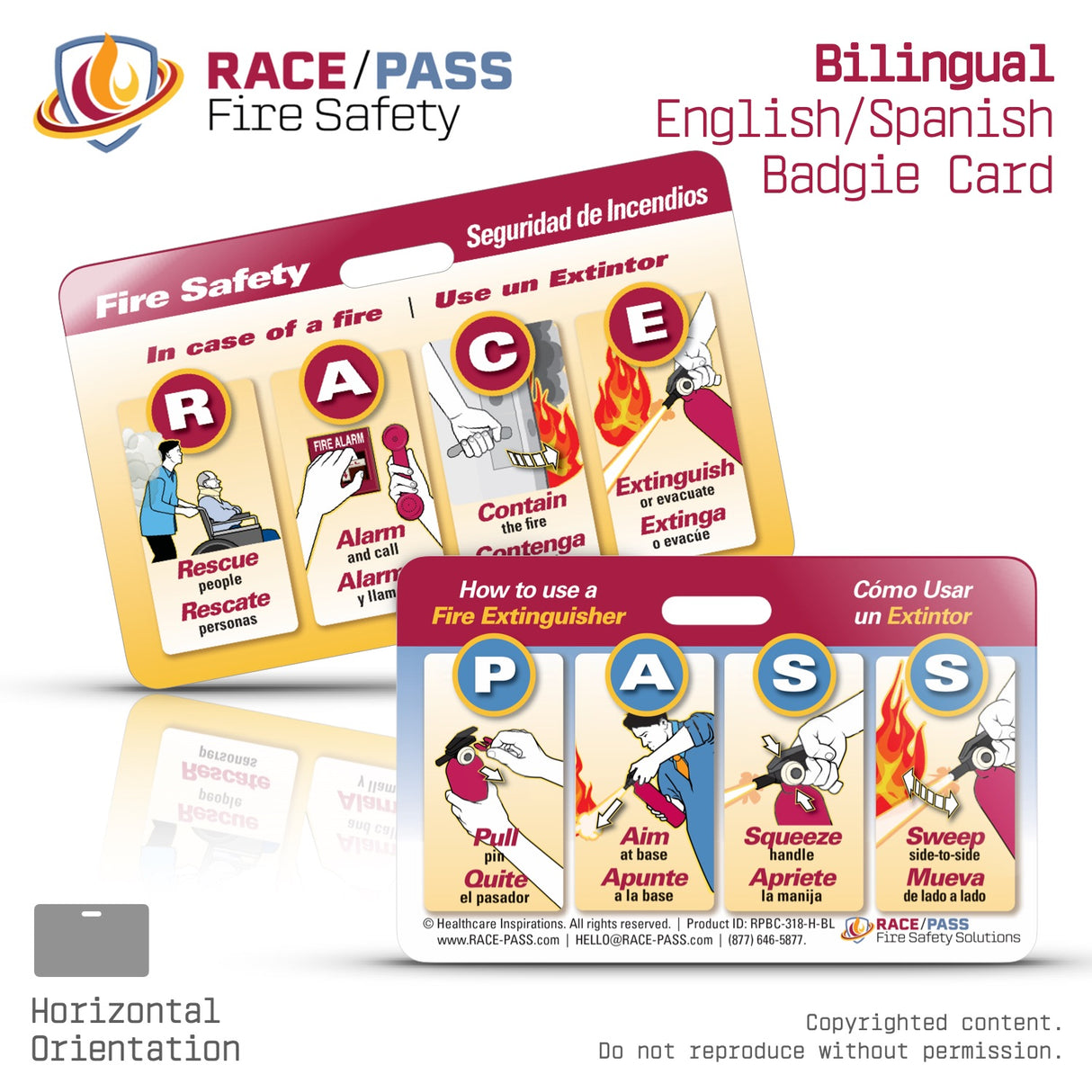 Bilingual English Spanish RACE PASS Fire Safety Badgie Card, fire safety badge card, fire response badge reference, PASS fire extinguisher acronym card, RACE acronym safety card, healthcare fire safety tool, employee fire safety reminder, fire safety ID badge insert, hospital fire safety badge card, emergency preparedness badge card, workplace fire safety training tool, fire extinguisher training card, laminated fire safety card, custom fire safety badge card, staff fire response reference tool