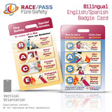 Bilingual English Spanish RACE PASS Fire Safety Badgie Card, fire safety badge card, fire response badge reference, PASS fire extinguisher acronym card, RACE acronym safety card, healthcare fire safety tool, employee fire safety reminder, fire safety ID badge insert, hospital fire safety badge card, emergency preparedness badge card, workplace fire safety training tool, fire extinguisher training card, laminated fire safety card, custom fire safety badge card, staff fire response reference tool