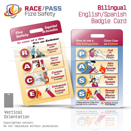 Bilingual English Spanish RACE PASS Fire Safety Badgie Card, fire safety badge card, fire response badge reference, PASS fire extinguisher acronym card, RACE acronym safety card, healthcare fire safety tool, employee fire safety reminder, fire safety ID badge insert, hospital fire safety badge card, emergency preparedness badge card, workplace fire safety training tool, fire extinguisher training card, laminated fire safety card, custom fire safety badge card, staff fire response reference tool