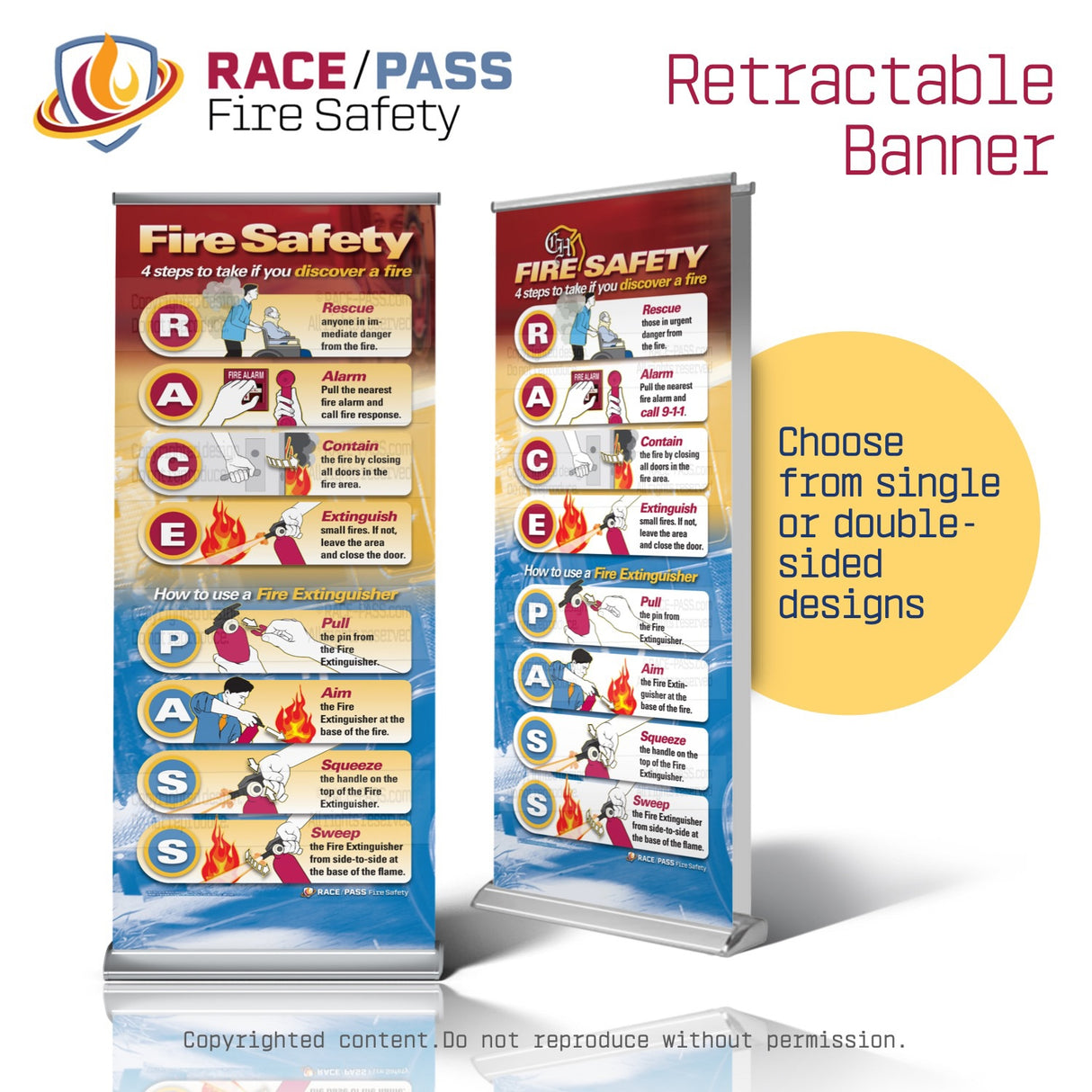 fire safety banner, RACE PASS banner, RACE-PASS banner, RACE/PASS banner, retractable safety banner, fire emergency sign, hospital safety signage, fire extinguisher instructions, workplace fire safety, OSHA fire training aid, emergency procedure banner, PASS mnemonic, RACE mnemonic, RACE PASS mnemonic, healthcare safety tool, fire drill visual aid, staff training banner, compliance safety sign, patient safety support