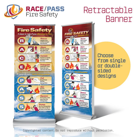 fire safety banner, RACE PASS banner, RACE-PASS banner, RACE/PASS banner, retractable safety banner, fire emergency sign, hospital safety signage, fire extinguisher instructions, workplace fire safety, OSHA fire training aid, emergency procedure banner, PASS mnemonic, RACE mnemonic, RACE PASS mnemonic, healthcare safety tool, fire drill visual aid, staff training banner, compliance safety sign, patient safety support