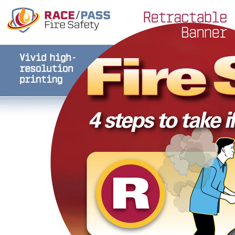 fire safety banner, RACE PASS banner, RACE-PASS banner, RACE/PASS banner, retractable safety banner, fire emergency sign, hospital safety signage, fire extinguisher instructions, workplace fire safety, OSHA fire training aid, emergency procedure banner, PASS mnemonic, RACE mnemonic, RACE PASS mnemonic, healthcare safety tool, fire drill visual aid, staff training banner, compliance safety sign, patient safety support