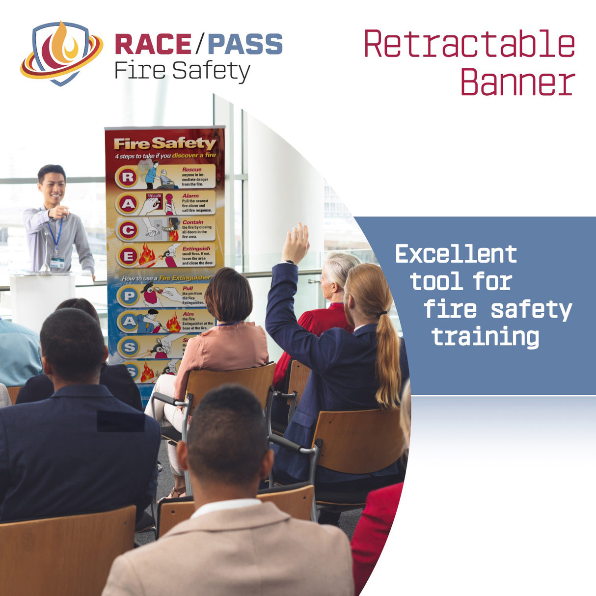 fire safety banner, RACE PASS banner, RACE-PASS banner, RACE/PASS banner, retractable safety banner, fire emergency sign, hospital safety signage, fire extinguisher instructions, workplace fire safety, OSHA fire training aid, emergency procedure banner, PASS mnemonic, RACE mnemonic, RACE PASS mnemonic, healthcare safety tool, fire drill visual aid, staff training banner, compliance safety sign, patient safety support