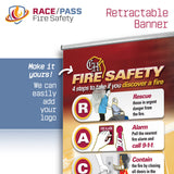 fire safety banner, RACE PASS banner, RACE-PASS banner, RACE/PASS banner, retractable safety banner, fire emergency sign, hospital safety signage, fire extinguisher instructions, workplace fire safety, OSHA fire training aid, emergency procedure banner, PASS mnemonic, RACE mnemonic, RACE PASS mnemonic, healthcare safety tool, fire drill visual aid, staff training banner, compliance safety sign, patient safety support