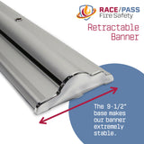 fire safety banner, RACE PASS banner, RACE-PASS banner, RACE/PASS banner, retractable safety banner, fire emergency sign, hospital safety signage, fire extinguisher instructions, workplace fire safety, OSHA fire training aid, emergency procedure banner, PASS mnemonic, RACE mnemonic, RACE PASS mnemonic, healthcare safety tool, fire drill visual aid, staff training banner, compliance safety sign, patient safety support