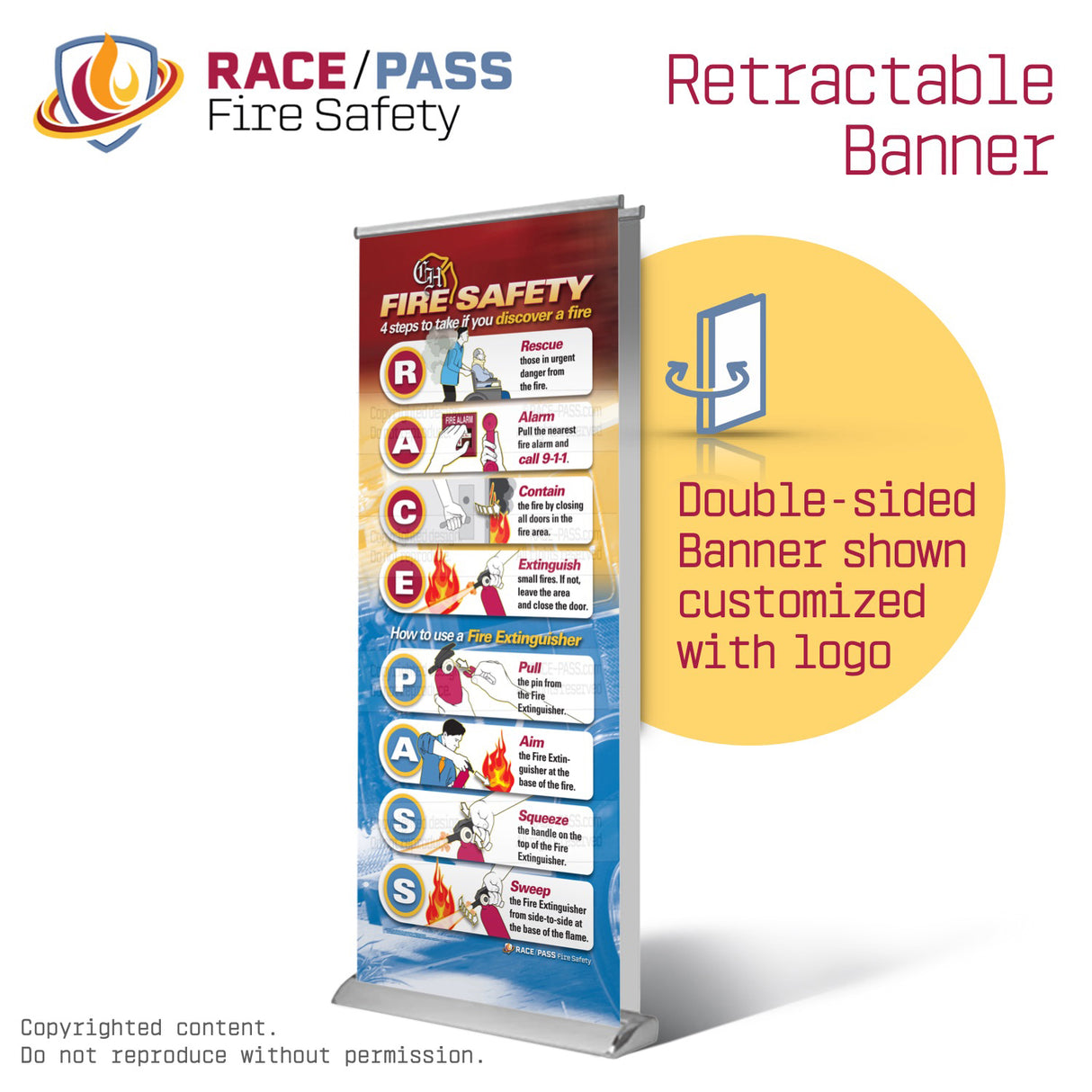 fire safety banner, RACE PASS banner, RACE-PASS banner, RACE/PASS banner, retractable safety banner, fire emergency sign, hospital safety signage, fire extinguisher instructions, workplace fire safety, OSHA fire training aid, emergency procedure banner, PASS mnemonic, RACE mnemonic, RACE PASS mnemonic, healthcare safety tool, fire drill visual aid, staff training banner, compliance safety sign, patient safety support