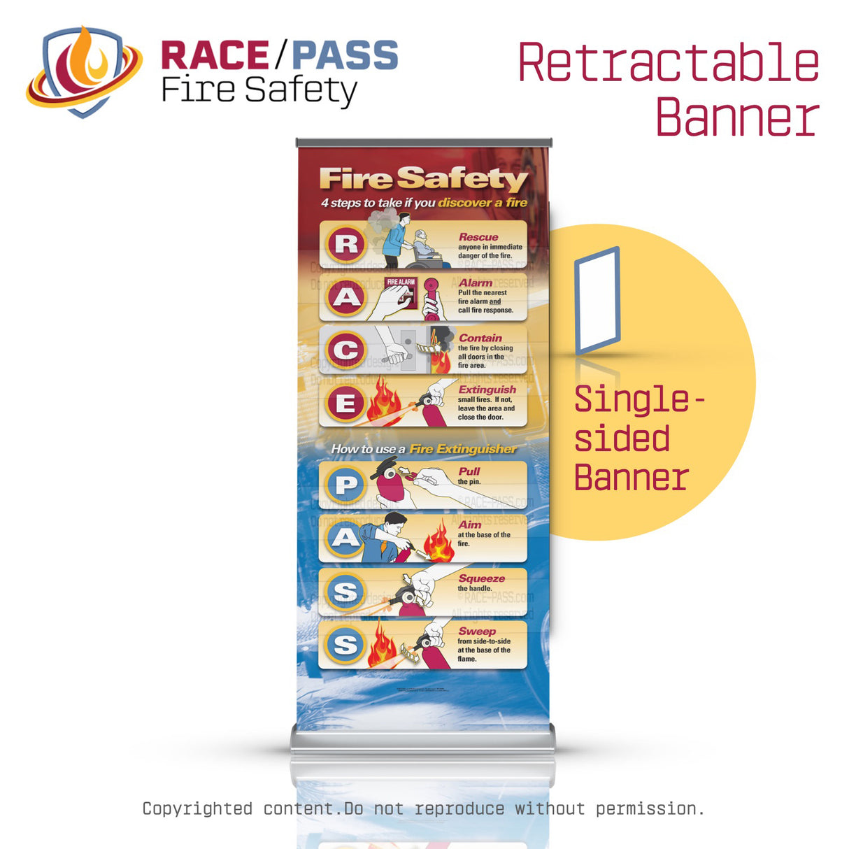 fire safety banner, RACE PASS banner, RACE-PASS banner, RACE/PASS banner, retractable safety banner, fire emergency sign, hospital safety signage, fire extinguisher instructions, workplace fire safety, OSHA fire training aid, emergency procedure banner, PASS mnemonic, RACE mnemonic, RACE PASS mnemonic, healthcare safety tool, fire drill visual aid, staff training banner, compliance safety sign, patient safety support