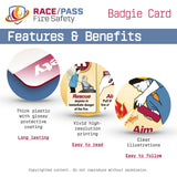 RACE/PASS Fire Safety Badgie Card features and benefits. Thick plastic with glossy protective coating = long lasting.  Vivid high resolution printing = easy to read.  Clear illustrations = easy to follow.