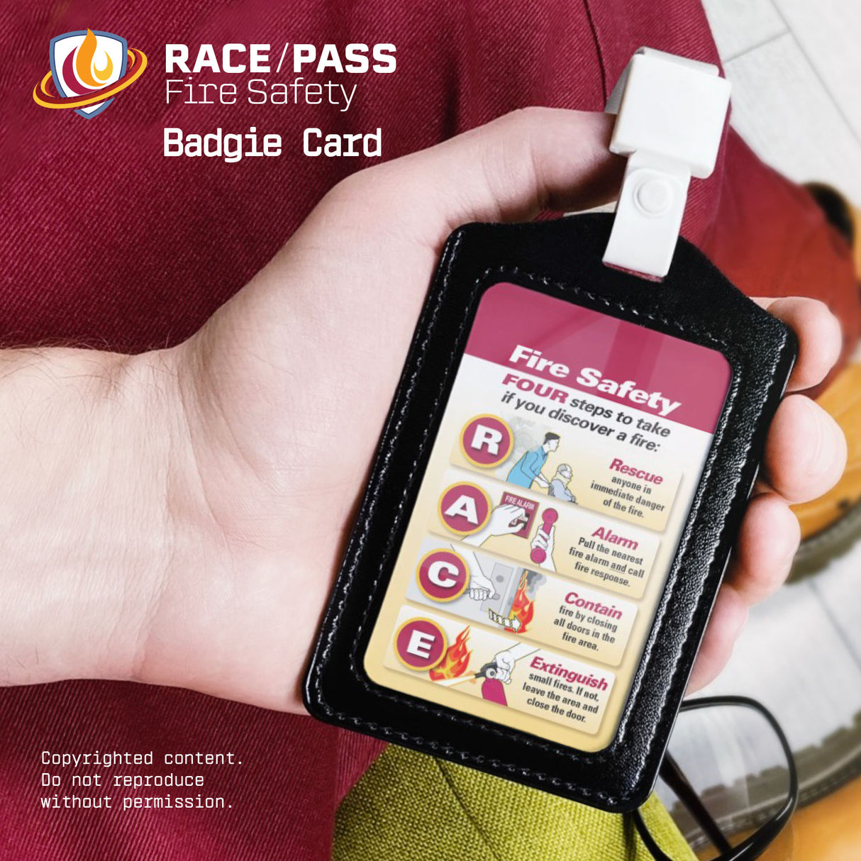 RACE/PASS Fire Safety Badgie Card shown in a black leather badge holder. Our RACE/PASS Fire Safety Badgie Card gives your staff an instant reference of what to do in case of a fire.