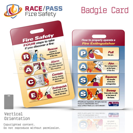 Vertical RACE/PASS Fire Safety Badgie Card gives your staff an instant reference of what to do in case of a fire.