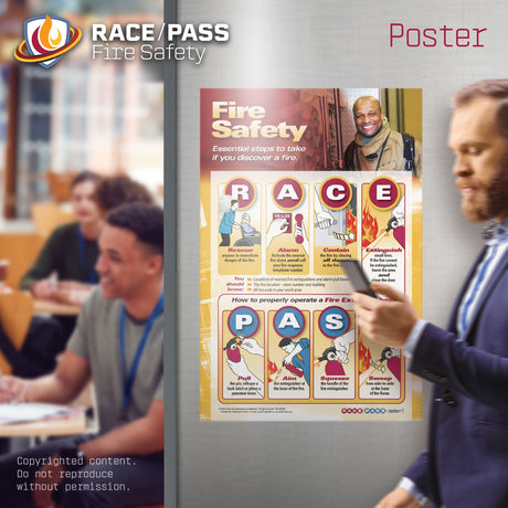 RACE PASS fire safety poster, fire response poster, PASS fire extinguisher poster, workplace fire safety poster, fire emergency procedures chart, hospital fire safety poster, healthcare safety poster, employee fire response training poster, emergency preparedness wall poster, RACE acronym educational poster, fire extinguisher instruction poster, facility safety awareness poster, nursing station fire safety poster, commercial fire safety signage, fire drill educational poster, large format fire safety poster