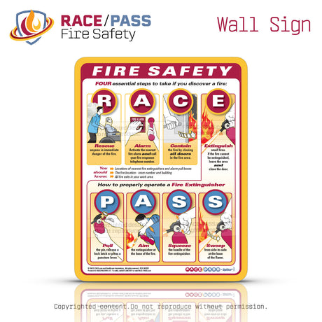 Our RACE/PASS Fire Safety Wall Sign gives your staff visual guidance on what to do during a fire.  Post by fire extinguishers, fire alarms, or anywhere your staff needs a quick reference.