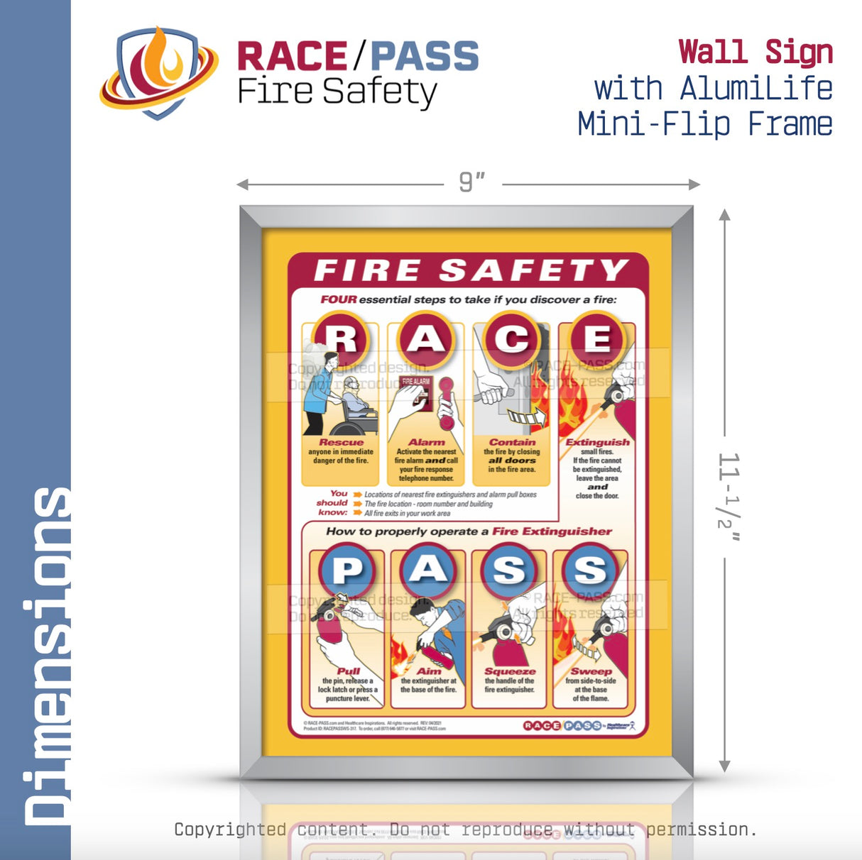 Give staff visual guidance on what to do during a fire. Post our RACE/PASS Fire Safety Sign with AlumiLife™ Mini-Flip near pull boxes and fire extinguishers as a frequent reminder of what to do when there is a fire.